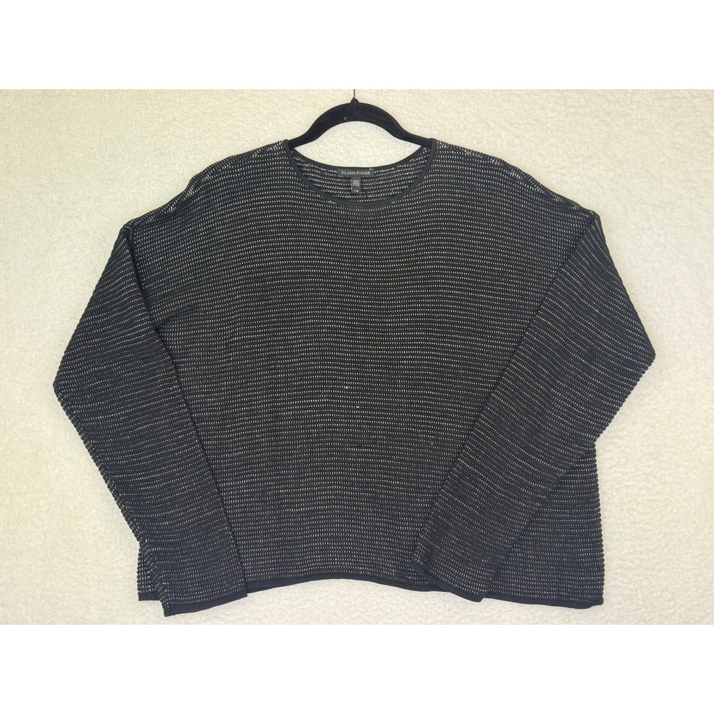 Eileen‎ Fisher Womens Large Black White Striped Boxy Knit Sweater Pullover Large